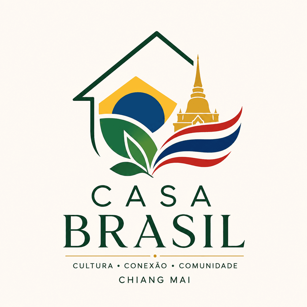 Casa Brasil — composição com bandeiras do Brasil e da Tailândia, casa, templo e tagline Cultura · Conexão · Comunidade · Chiang Mai